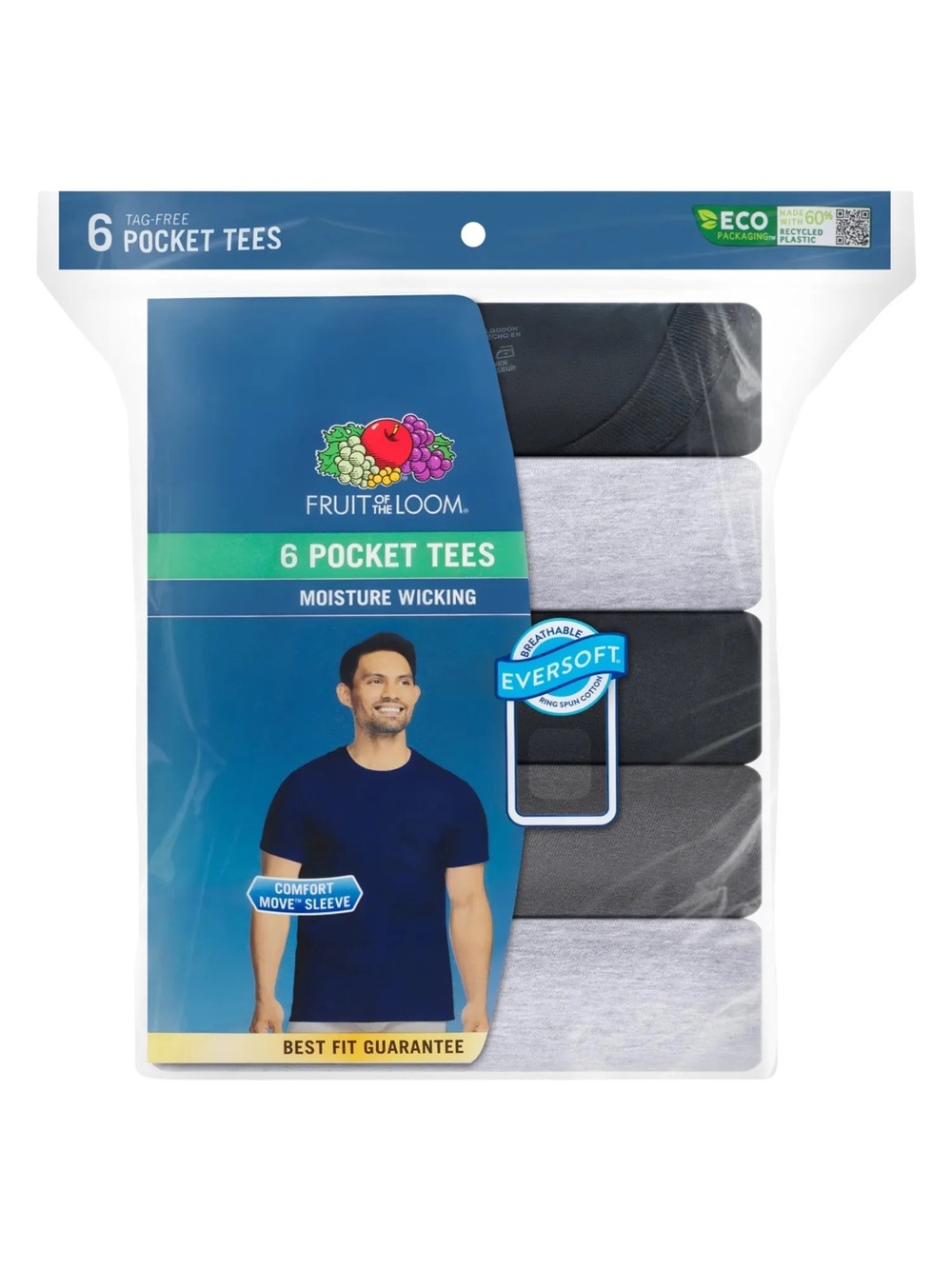 Fruit of the Loom Men's 6-Pack Pocket Tees - Black & Gray SIZE SMALL 34-36 IN